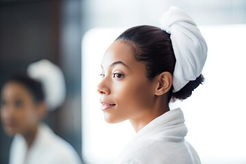 Fototapeta premium A black woman in a bathroom practicing skincare with a towel, emphasizing beauty and self-care at home.