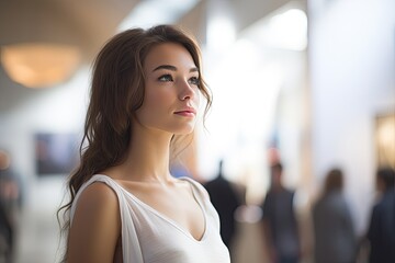 A confident and attractive young woman with long hair, standing in a modern urban setting.