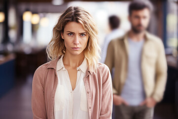 Blonde woman feeling sad and disappointed, her husband is behind