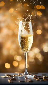 A close-up image showcasing the effervescence and golden hues of champagne in a glass against a Valentine's Day-themed background, background image, generative AI