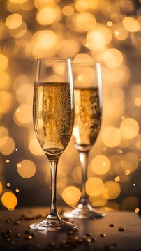 A close-up image showcasing the effervescence and golden hues of champagne in a glass against a Valentine's Day-themed background, background image, generative AI