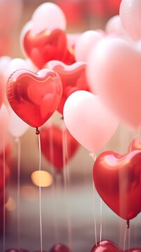 An image that highlights the close-up details of heart-shaped balloons with handwritten love notes attached against a Valentine's Day background, generative AI