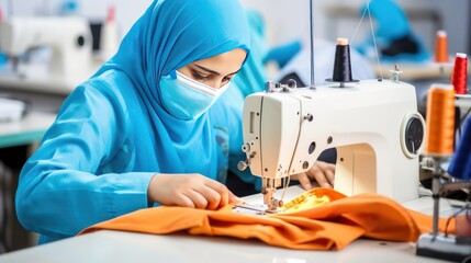 Focused young Muslim woman tailor in hijab with appearance sews things from natural fabric using sewing machine at clothes making factory. Handwork and sewing with help of mechanism.