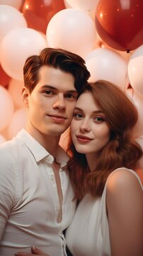 Portrait of a happy young white couple surrounded by heart-shaped balloons on Valentine's Day background, background image, generative AI