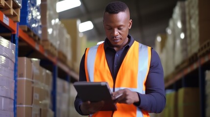 Portrait of an accountant in warehouse. Businessman standing in his fabric warehouse and working with tablet PC.