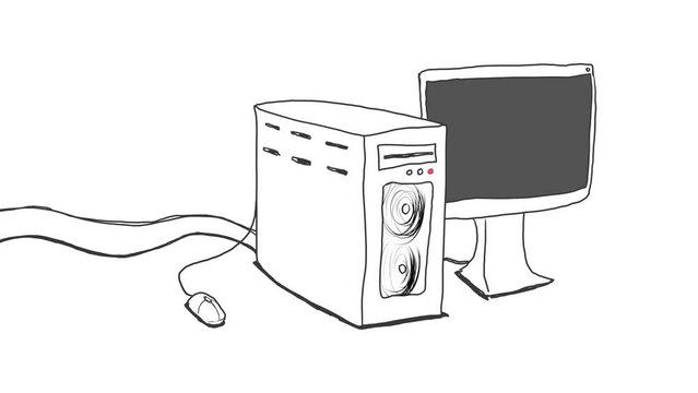 In the space there is a desktop computer system unit, a mouse and a switched off monitor. The computer is actively loading something, blinking indicators. The fans are spinning actively.