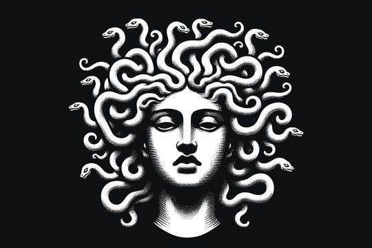 Beautiful portrait of a gorgon medusa. Vintage engraving, woodcut. White on black