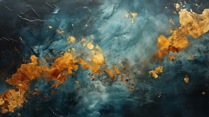 Fototapeta na wymiar An ethereal masterpiece of swirling blues and radiant golds, this abstract painting evokes a sense of fluid movement and wild emotion within the realm of art