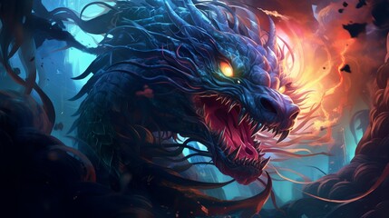 The legendary dragon that is both ferocious and dark blue - obrazy, fototapety, plakaty
