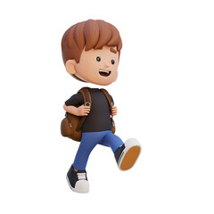 3D happy kid character walking go to school holding bag