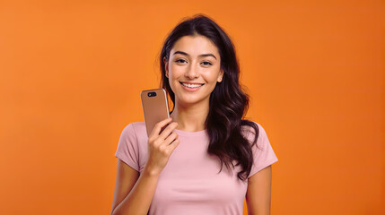 Naklejka premium Young caucasian woman wear pink t-shirt casual clothes using mobile cell phone on plain orange background