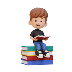 3D happy kid character reading book