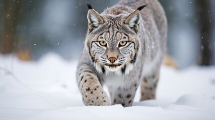 A glimpse of a untamed bobcat in the snow during winter.
