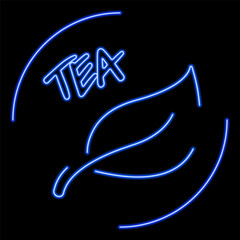 leaf tea neon sign, modern glowing banner design, colorful modern design trends on black background. Vector illustration.