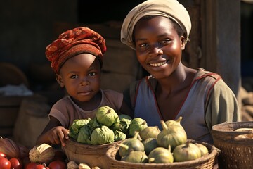 African street vendor with child, selling onions, cabbage, and tomatoes. - obrazy, fototapety, plakaty