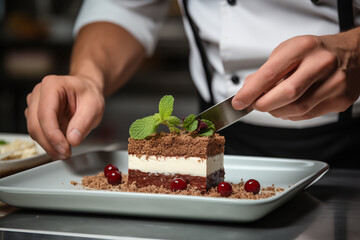 Finishing touches on a handcrafted dessert, leaving space for quotes on dessert finesse