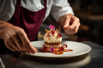 Finishing touches on a handcrafted dessert, leaving space for quotes on dessert finesse