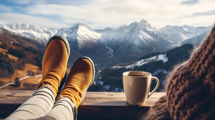A woman enjoys a hot beverage while admiring the snowy Alps, with her feet snug in woolen socks. - obrazy, fototapety, plakaty