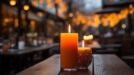 A glowing candle adds warmth to the wintry ambiance of an al fresco dining spot, with a selective blur in the background. - obrazy, fototapety, plakaty
