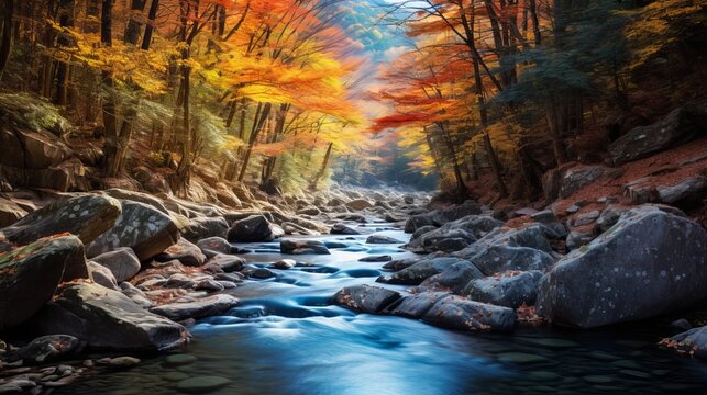 The colors of autumn mountain ravine are seen in a tranquil scene.