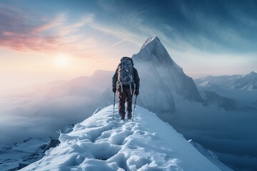 Male alpinist trekking with snowy footprint on mountain ridge in snowstorm at dawn. - obrazy, fototapety, plakaty