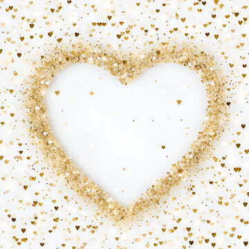 Marco de corazón con brillo dorado, confeti de hiedra, forma de hexagrama en forma de corazón