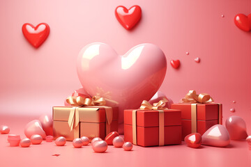 Valentine's Day card, banner, composition with heart and gifts and decorative stones, 3d render with romantic objets and symbols.