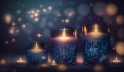 A dreamy and gloomy blue background with candles, a blurred bokeh background, A banner background space for text - AI Generative
