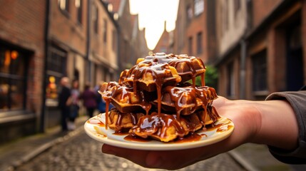 Traveler enjoys famous street snack - Belgian delectable waffle with chocolate drizzle in the charming streets of Belgium, Europe. Traditional sweet treat. - obrazy, fototapety, plakaty