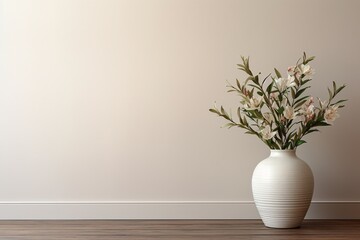 Neutral vintage interior with wooden flooring, household decor, and floral arrangement.