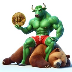 crypto strong bull run rally concept photorealistic image. crypto bull defeated crypto bear, crypto bull run rally, bitcoin rally.