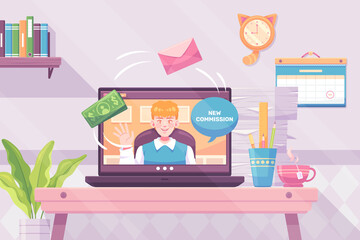 Teleworking illustration background with a man on a videocall on computer