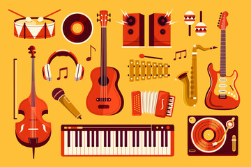 Hand drawn music original collection with musical instrument on yellow background - obrazy, fototapety, plakaty