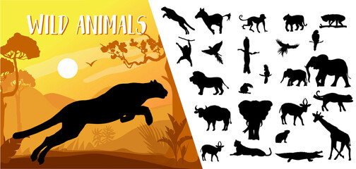 Animal silhouette flat Icons with illustration - obrazy, fototapety, plakaty