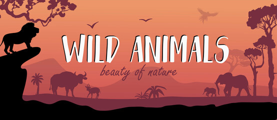 Flat banner of Savannah animals silhouettes on landscape - obrazy, fototapety, plakaty