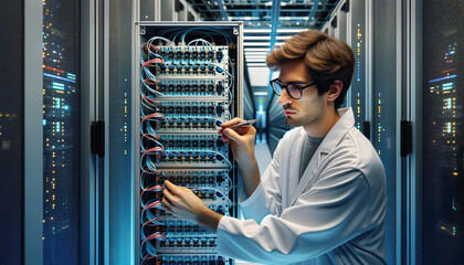 Technician working on a quantum computer .Quantum computing utilizes quantum mechanics to solve complex problems faster than on classical computers.