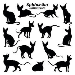 Collection of illustrations of silhouettes of sphynx cat