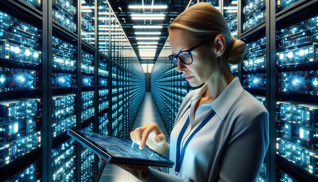 A female technician wearing glasses checks a electronic pad while monitoring the system in a room full of stacked super computers