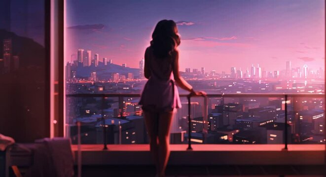 Lofi Aesthetic with Woman Overlooking Urban Twilight Cityscape