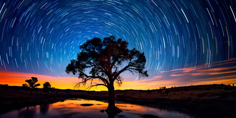 Fototapeta na wymiar astrophotography with long exposure to capture star trails over a captivating landscape . Generative AI