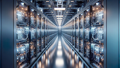 A modern room full of stacked super computers. A supercomputer is a computer with a high level of performance as compared to a general-purpose computer - obrazy, fototapety, plakaty