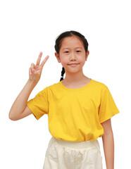 Asian girl child showing victory sign fingers isolated on white background.