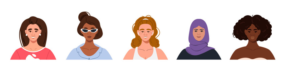 Vector set of avatars of modern multicultural multinational women with different hairstyles. Portraits of young women of various races in the flat style