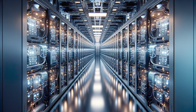 A modern room full of stacked super computers. A supercomputer is a computer with a high level of performance as compared to a general-purpose computer