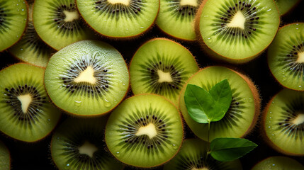 Slices of fruits containing kiwi arranged together. Generative AI