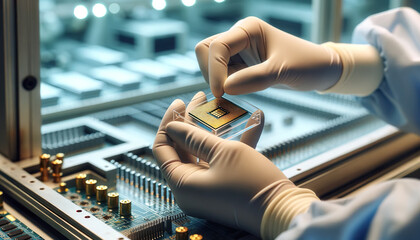 Worker packing microchips in a factory ready for shipping