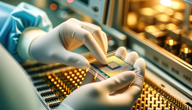 Worker packing a microchip in a factory ready for shipping. Taiwan produces over 60% of the world's semiconductors and over 90% of the most advanced ones
