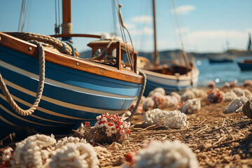 Fishing boats and wooden ships near the blue sea. Beautiful coastal landscape with traditional Greek charm.