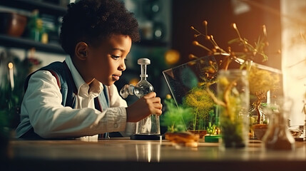 A little boy who dreams of being a scientist is doing a science experiment.
