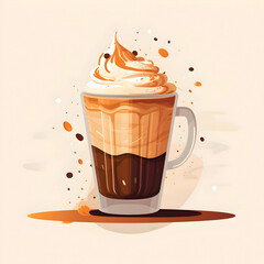 Side view of cappuccino in the transparent cup on a white background. Flat illustration. High-resolution